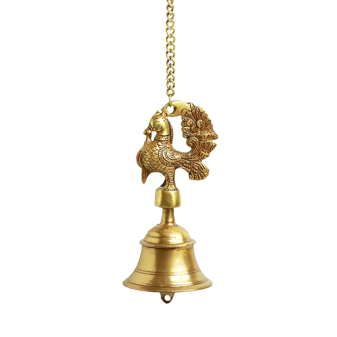 &#39;Elegant Peacock&#39; Hand-Etched Decorative Hanging Bell In Brass