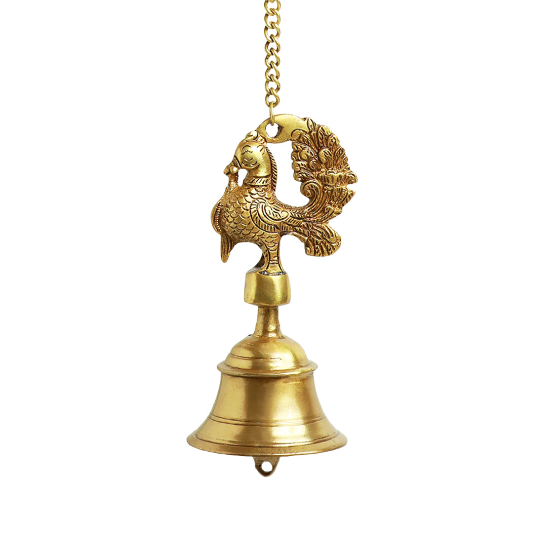 &#39;Elegant Peacock&#39; Hand-Etched Decorative Hanging Bell In Brass