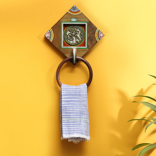 'Brass-y On Wood' Warli Handpainted Sheesham Wood Towel Holder with Dhokra Motif