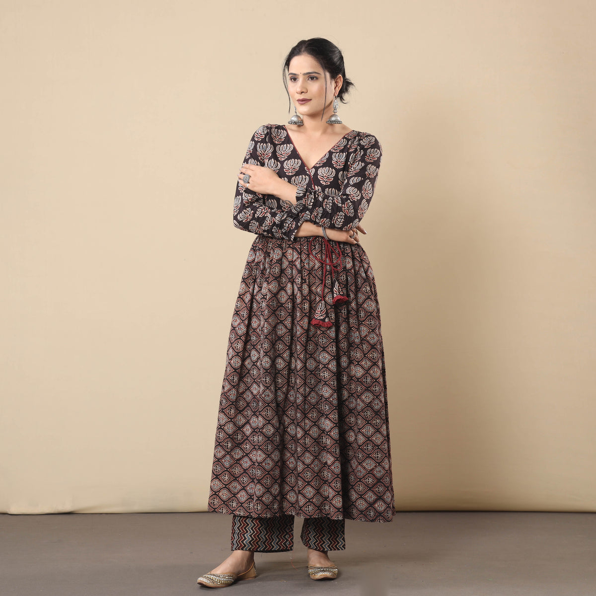 Black Maroon Ajrakh Block Printing Cotton Flared Gher Kurti with Pant Set