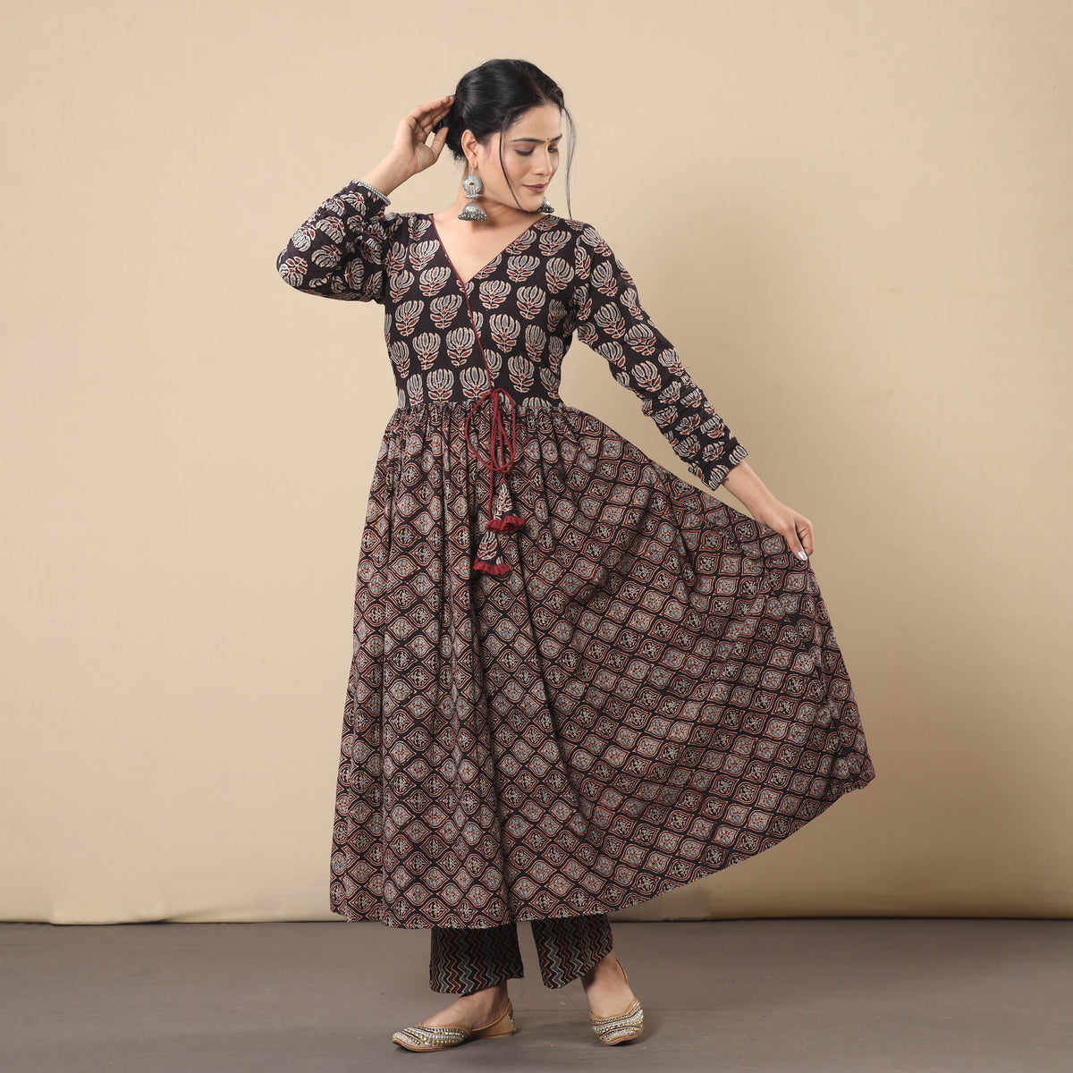 Black Maroon Ajrakh Block Printing Cotton Flared Gher Kurti with Pant Set