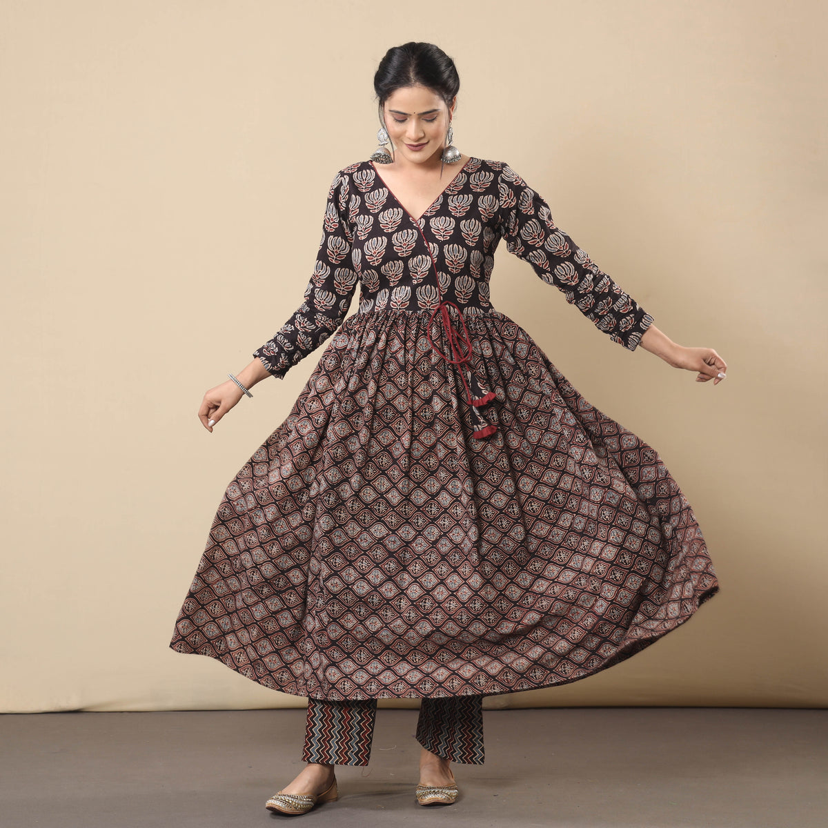 Black Maroon Ajrakh Block Printing Cotton Flared Gher Kurti with Pant Set
