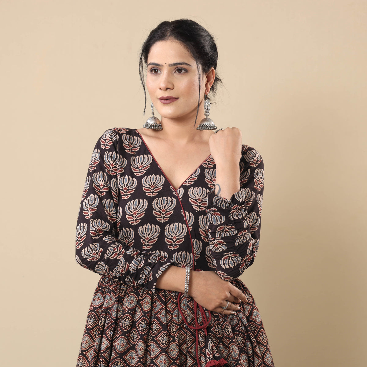 Black Maroon Ajrakh Block Printing Cotton Flared Gher Kurti with Pant Set