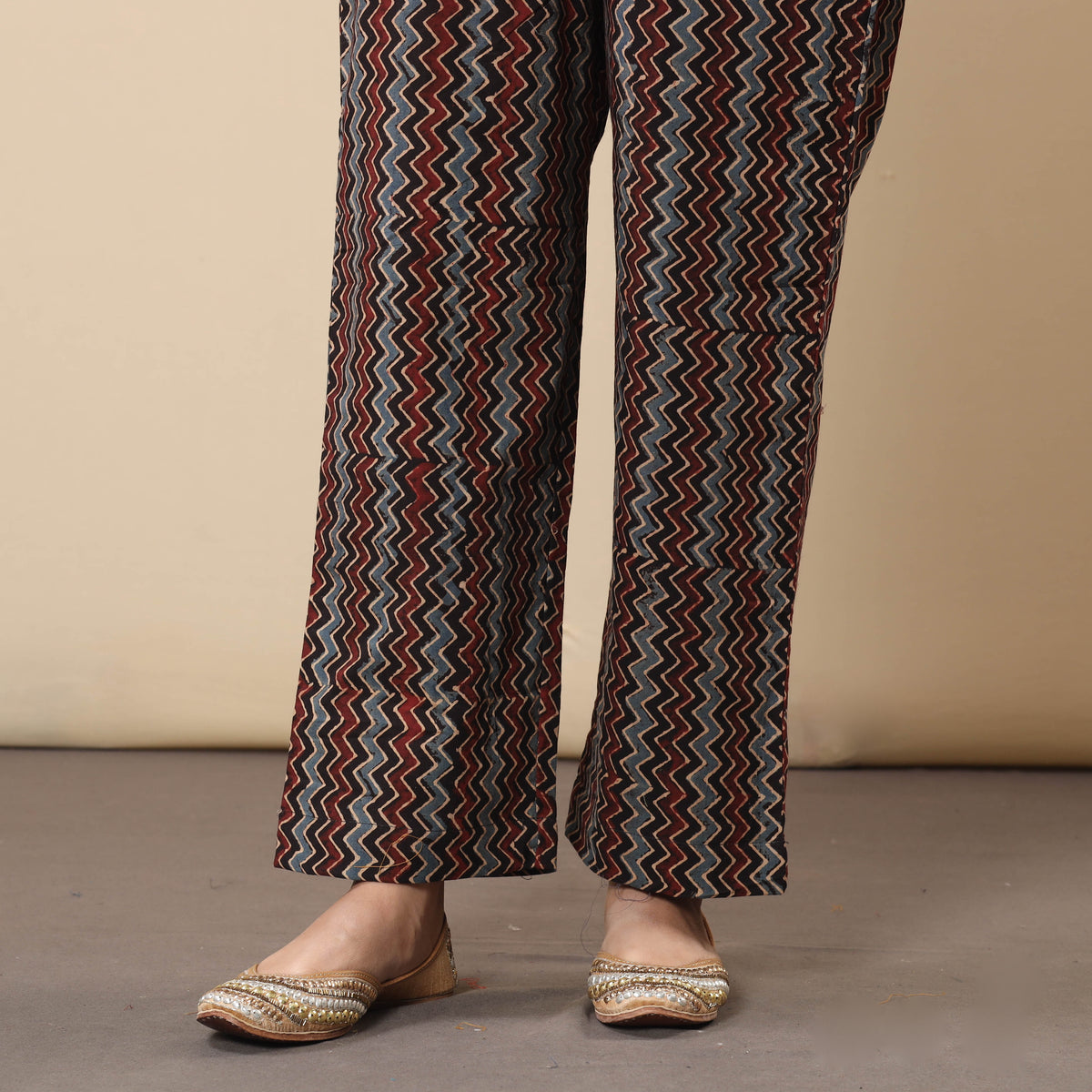 Black Maroon Ajrakh Block Printing Cotton Flared Gher Kurti with Pant Set