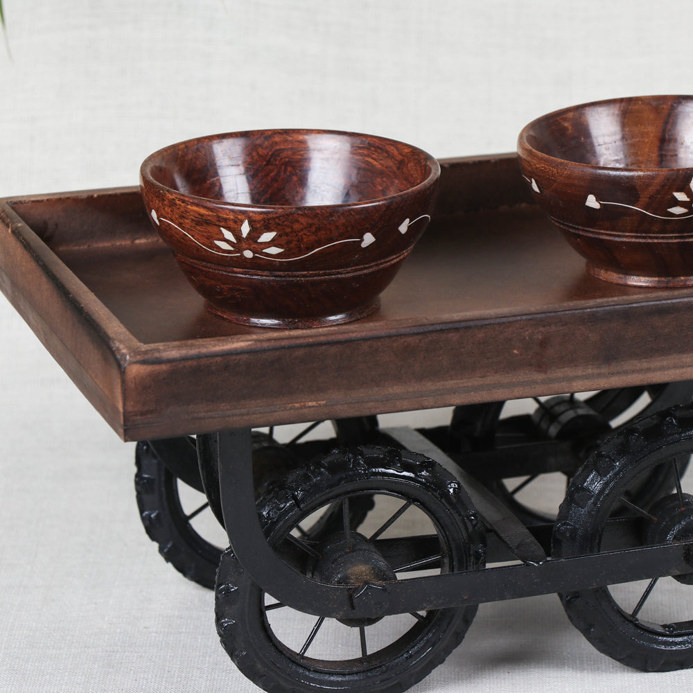 Serving Cart with 2 Bowls - Handcrafted with Mango Wood