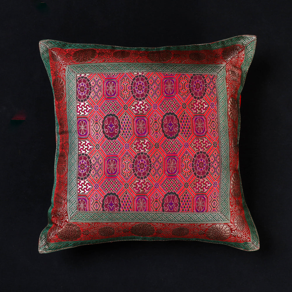 Traditional Pure Banarasi Handwoven Silk Zari Cushion Cover (16 x 16 in)