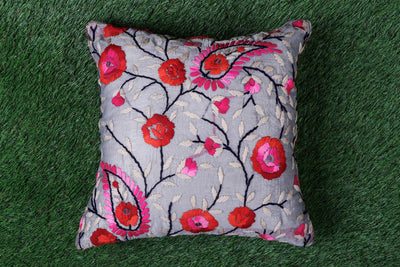Phulkari Hand Embroidered Chanderi Silk Cushion Cover  (16 x 16 in)