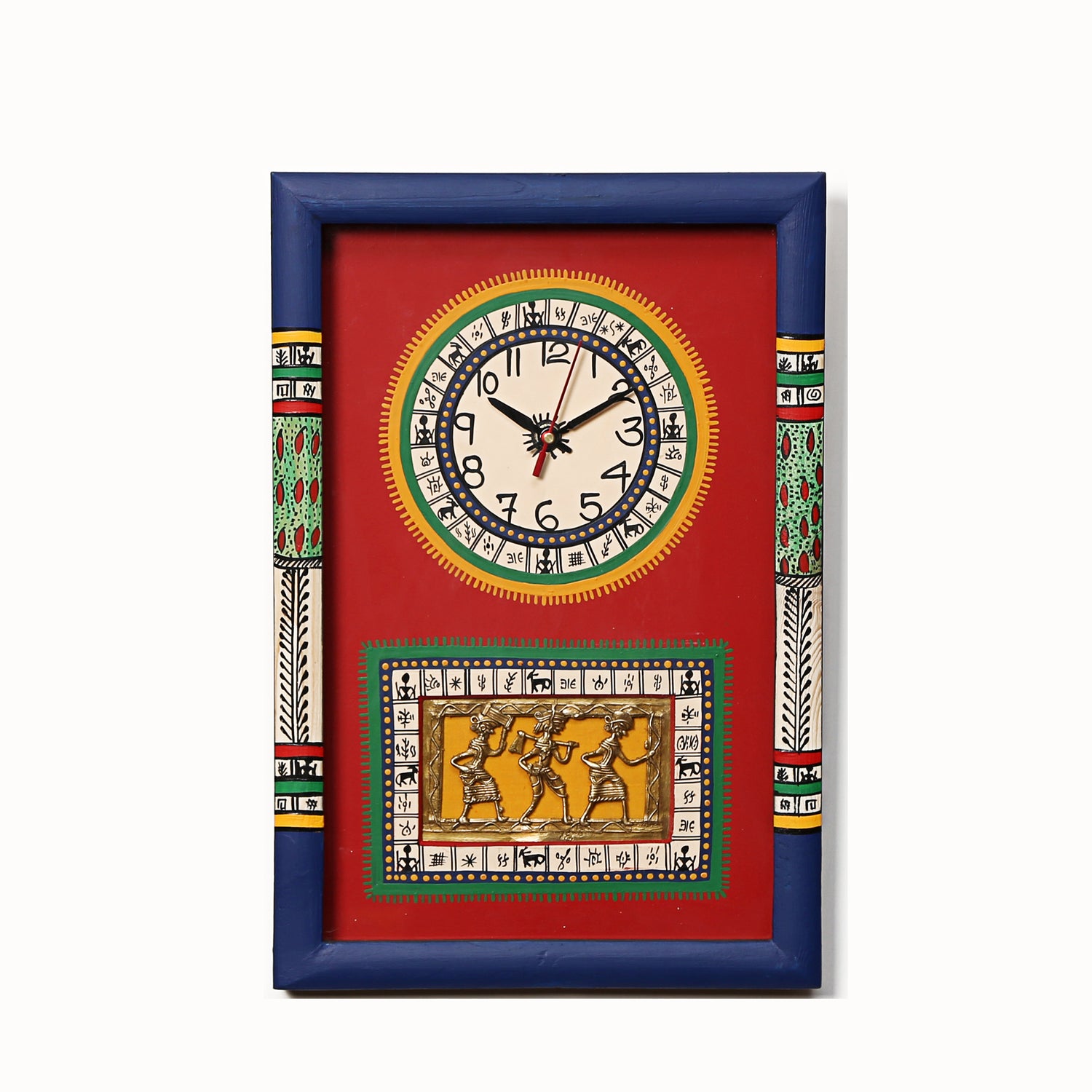 Wall Clock Handcrafted Warli/Dhokra Art Red Dial with Glass Frame (10x15)