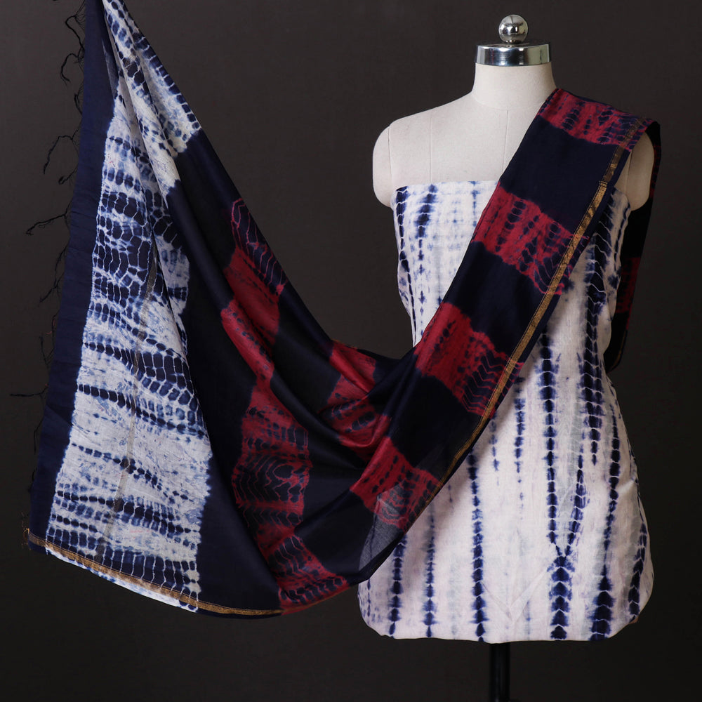 Shibori Tie-Dye Chanderi Silk 3pc Suit Material Set with Zari Border
