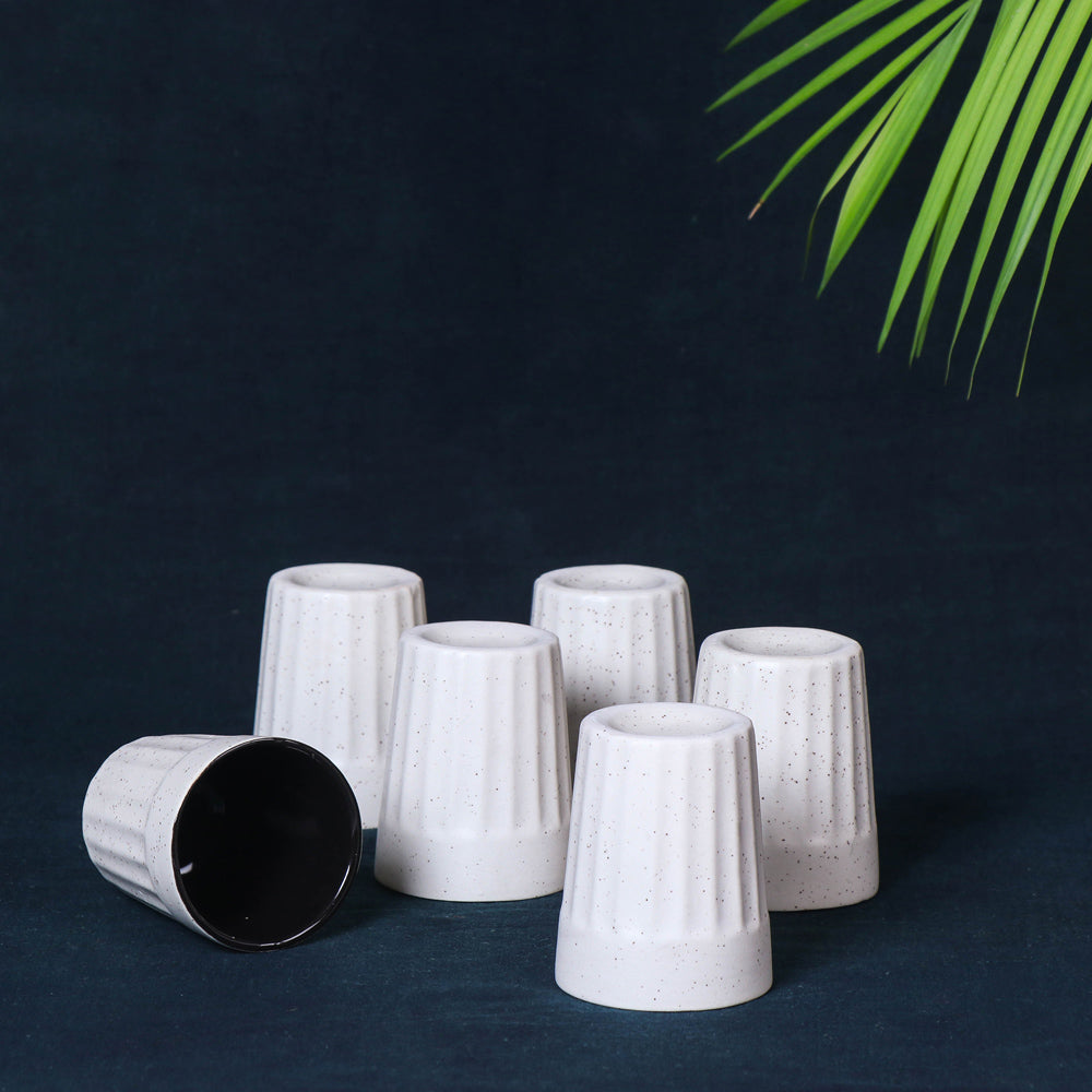 Handmade Ceramic White Matte Tea Glasses (White-Black , Set of 6) Cutting Chai Glasses