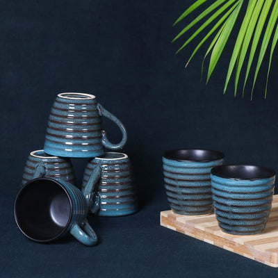 Handmade Hand Glazed Ceramic Coffee Mugs (150 ml, Set of 6, Blue)