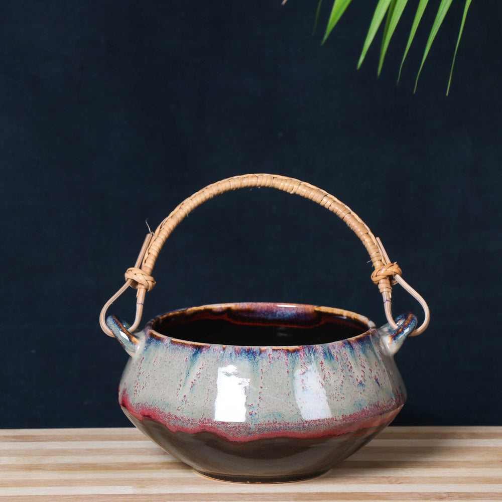 Handmade Hand Glazed Ceramic Serving Handi With Cane Handle