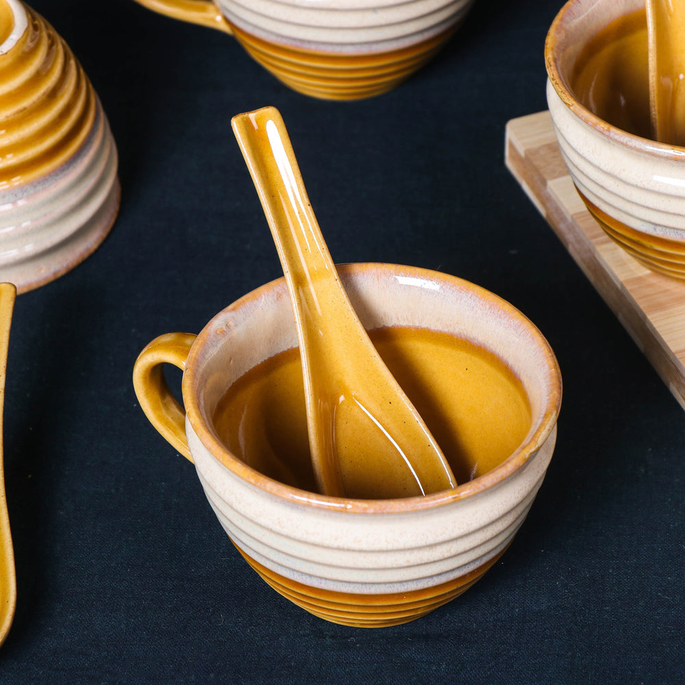 Handmade Hand Glazed Ceramic Soup Cup with Spoon (350 ml each, Set of 4, Sand yellow and Off White)