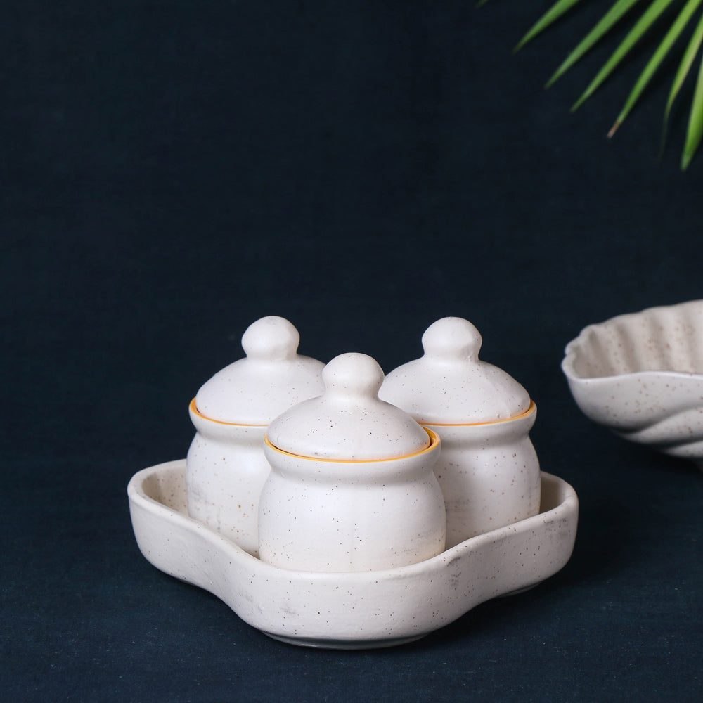 Handmade Ceramic White Matt Pickle Serving Jar Set with Tray (Set of 3, White and Yellow)
