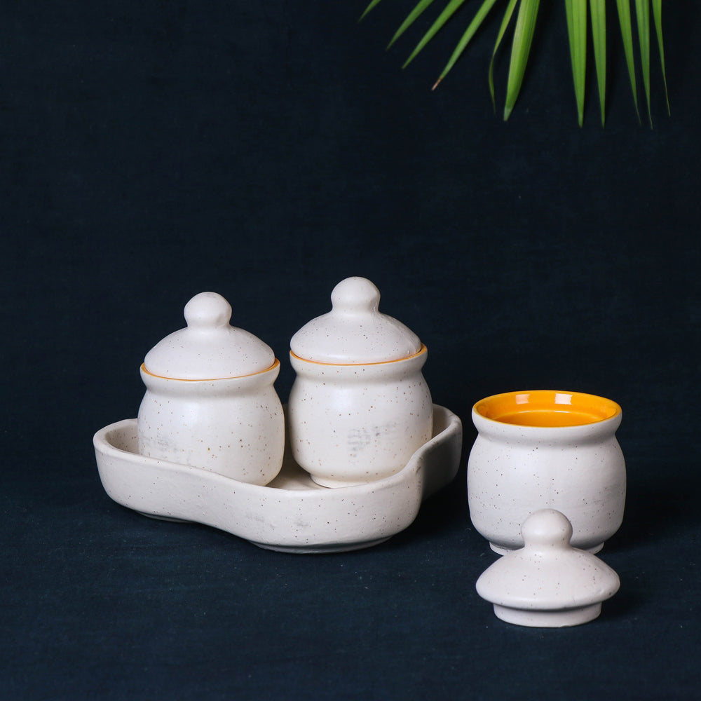 Handmade Ceramic White Matt Pickle Serving Jar Set with Tray (Set of 3, White and Yellow)