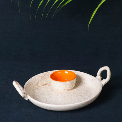 Handmade White Matt Ceramic Chip and Dip Platter with Fixed Orange Bowl