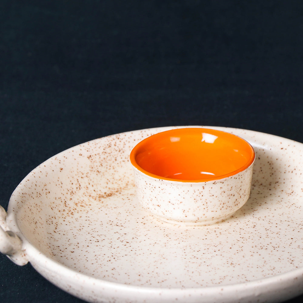 Handmade White Matt Ceramic Chip and Dip Platter with Fixed Orange Bowl