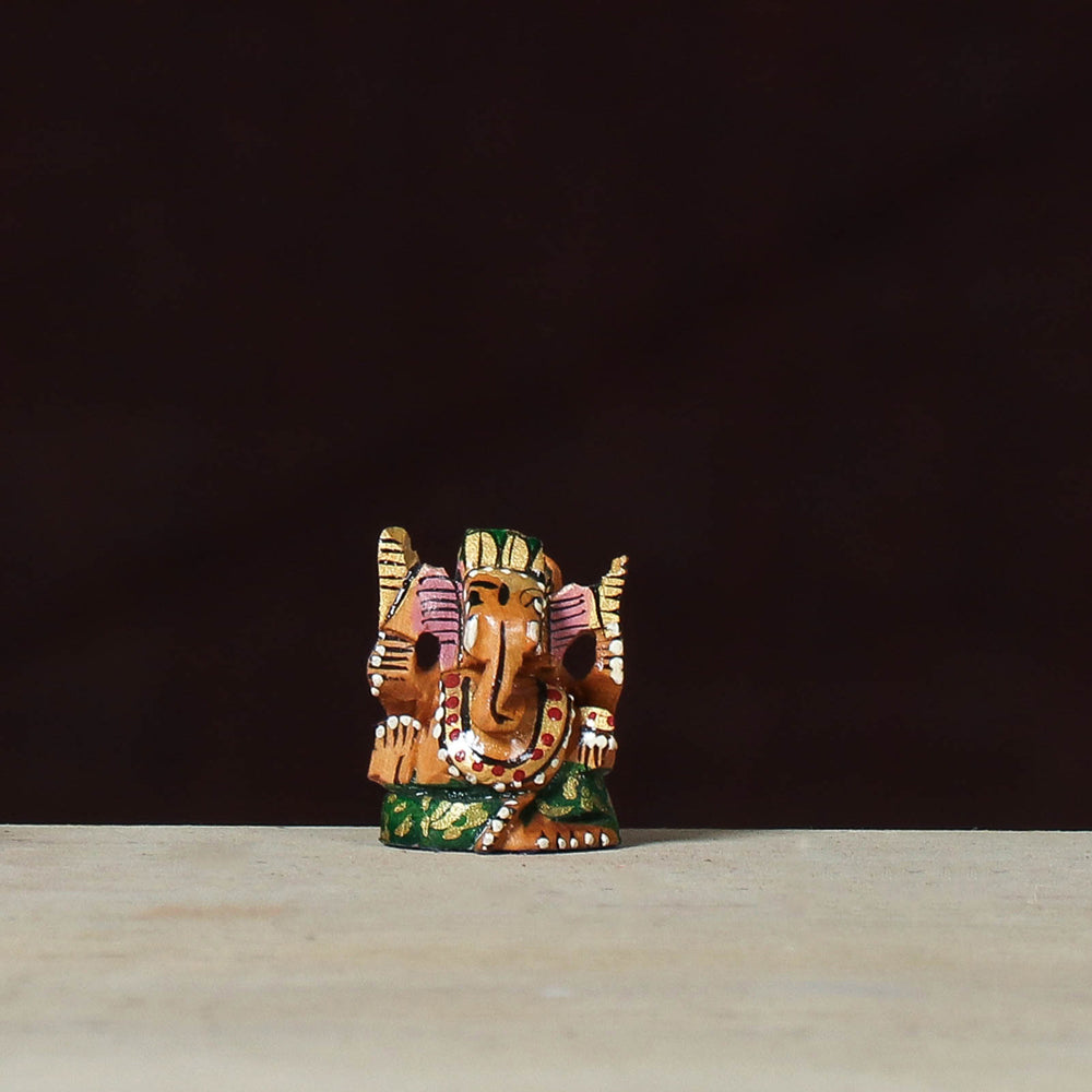 Lord Ganesha - Handcarved Kadam Wood Handpainted Sculpture (1 in)