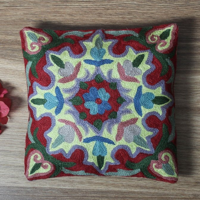Original Chain Stitch Crewel Wool Thread Hand Embroidery Cushion Cover (12 x 12 in)