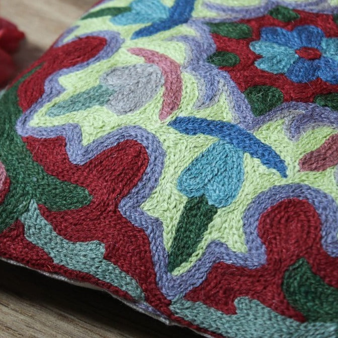 Original Chain Stitch Crewel Wool Thread Hand Embroidery Cushion Cover (12 x 12 in)