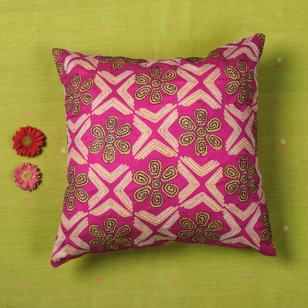 Kantha Hand Embroidered Block Print Silk Cotton Cushion Cover (16 x 16 in)