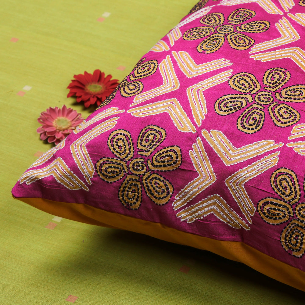 Kantha Hand Embroidered Block Print Silk Cotton Cushion Cover (16 x 16 in)