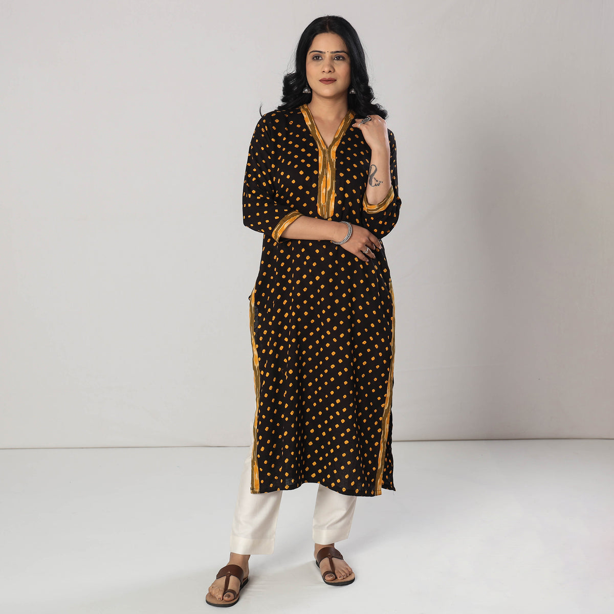Black Bandhani Tie-dye Cotton Long Kurta