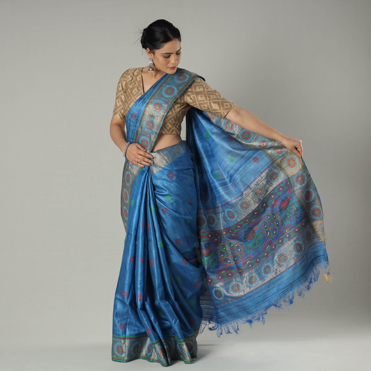Pure Kosa Tussar Silk Godana Handpainted Handloom Saree