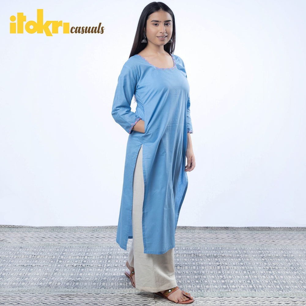 Hand Embroidered Baby Blue Cotton Long Kurta