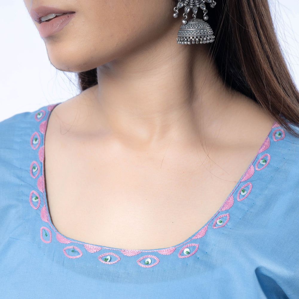 Hand Embroidered Baby Blue Cotton Long Kurta
