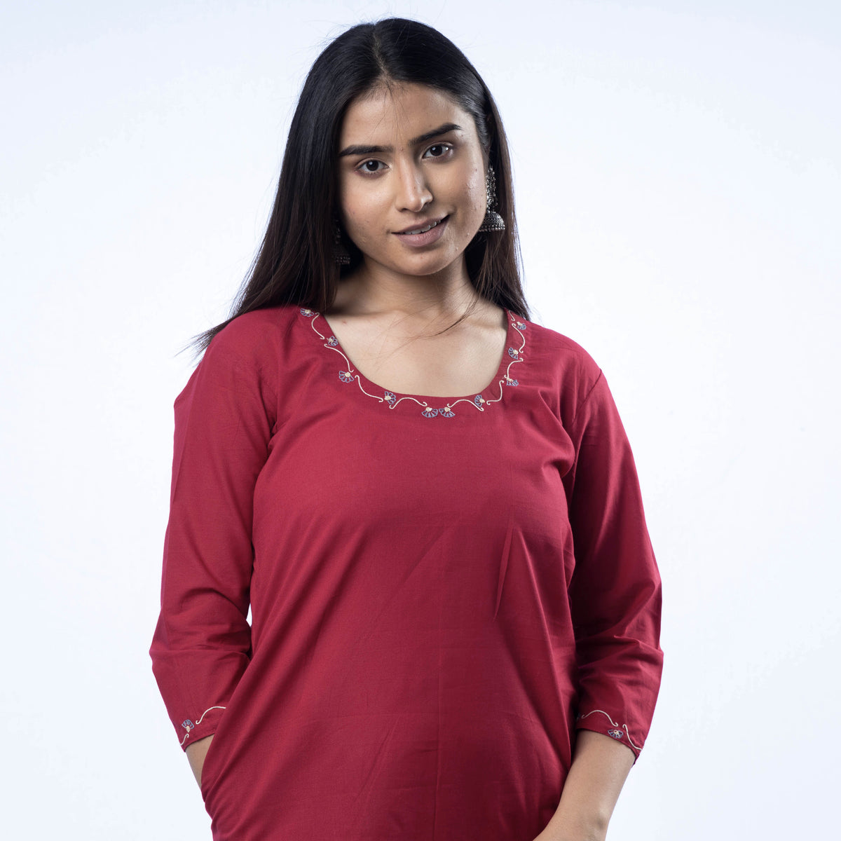 Hand Embroidered Carmine Red Cotton Long Kurta