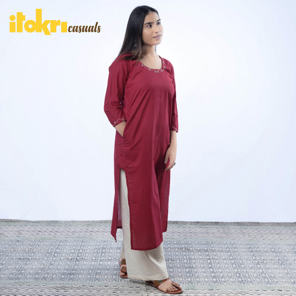 Hand Embroidered Carmine Red Cotton Long Kurta
