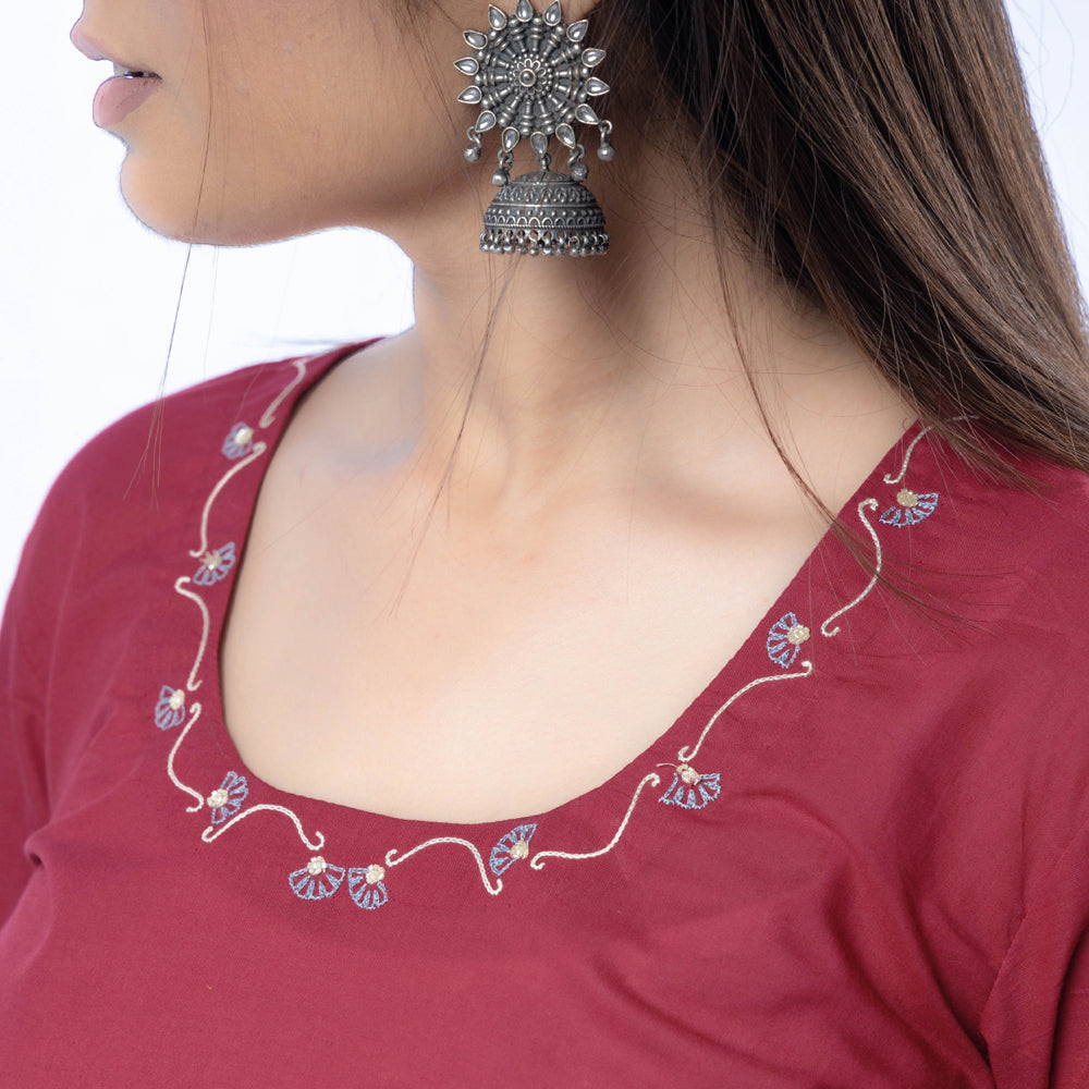Hand Embroidered Carmine Red Cotton Long Kurta