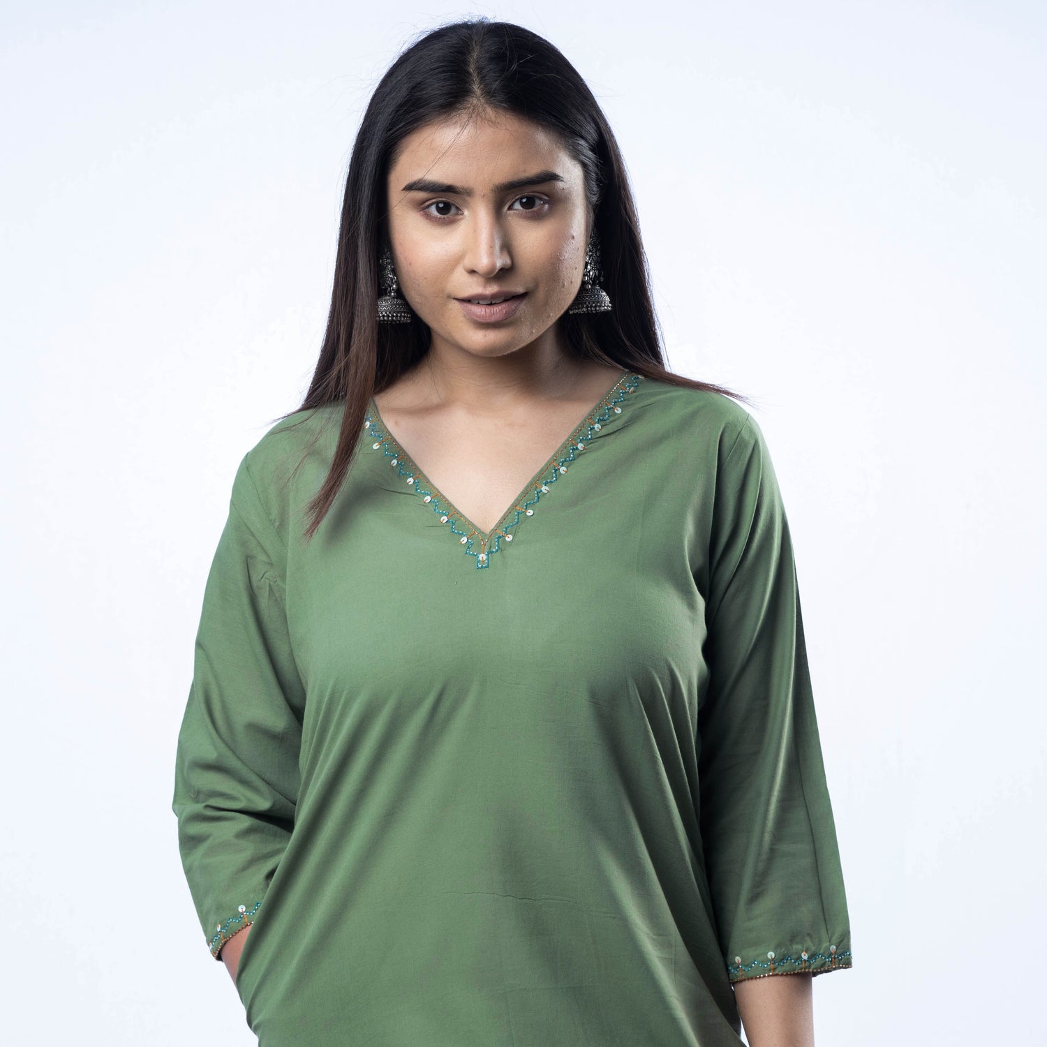Hand Embroidered Green Cotton Long Kurti