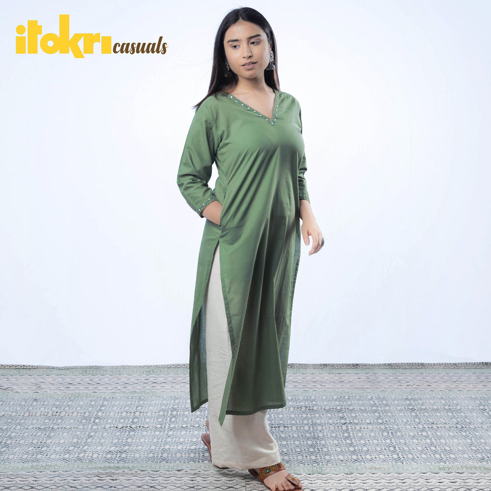 Hand Embroidered Green Cotton Long Kurti