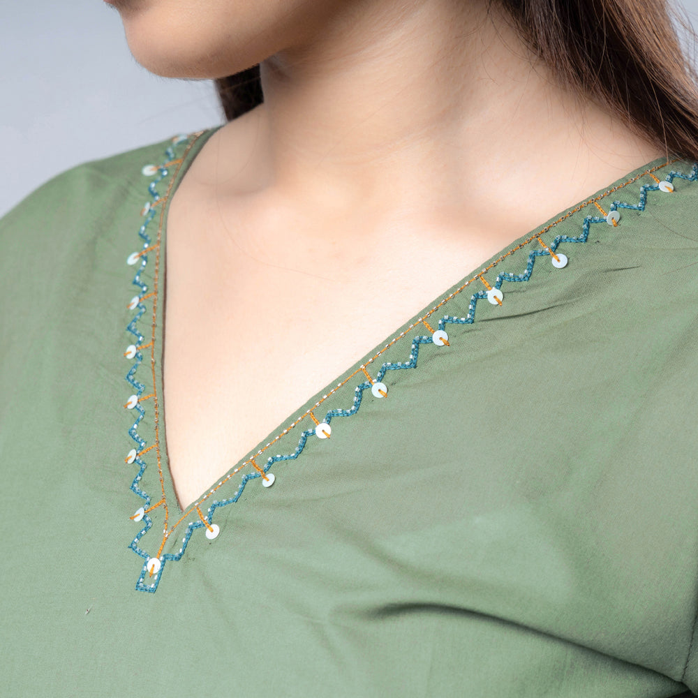 Hand Embroidered Green Cotton Long Kurti