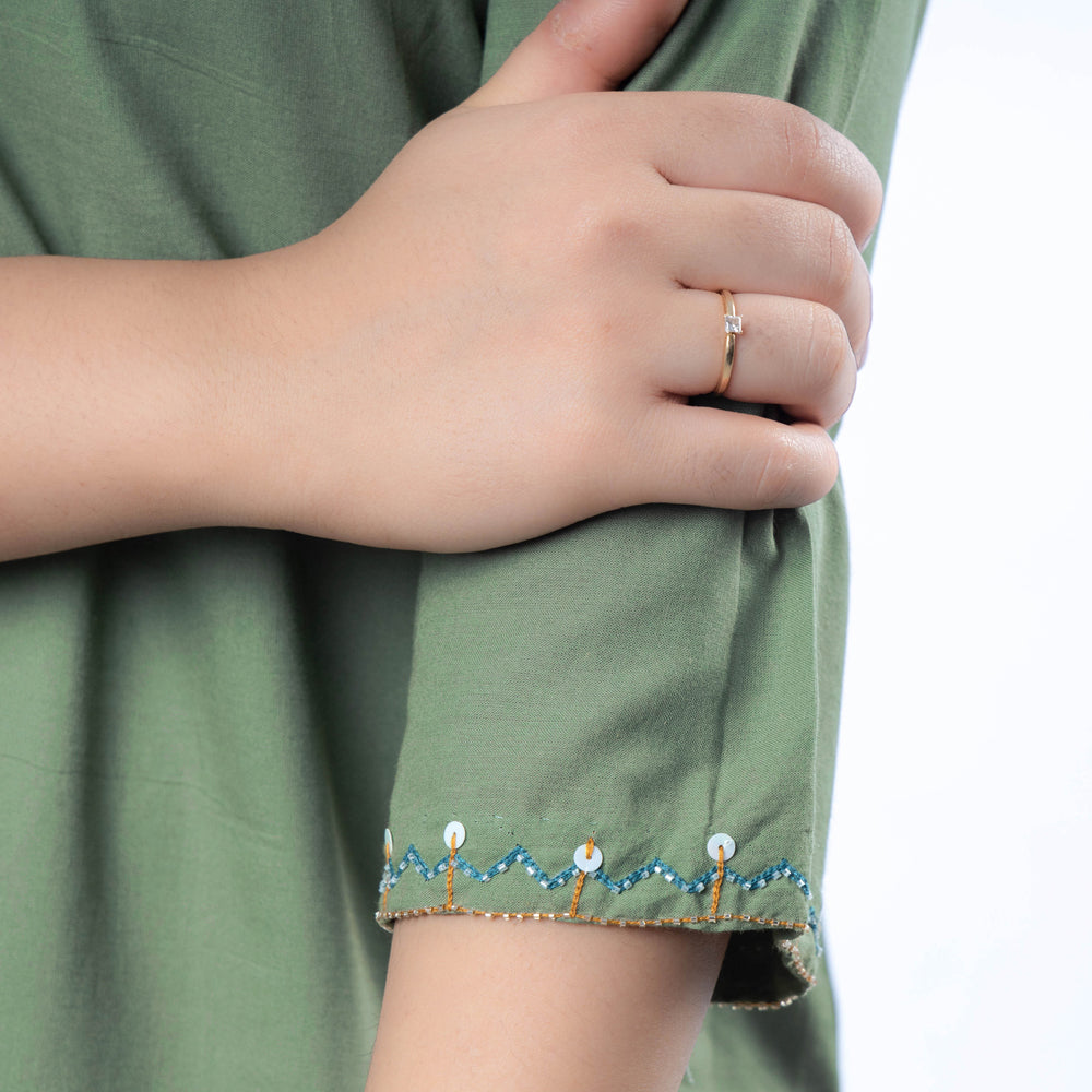 Hand Embroidered Green Cotton Long Kurti