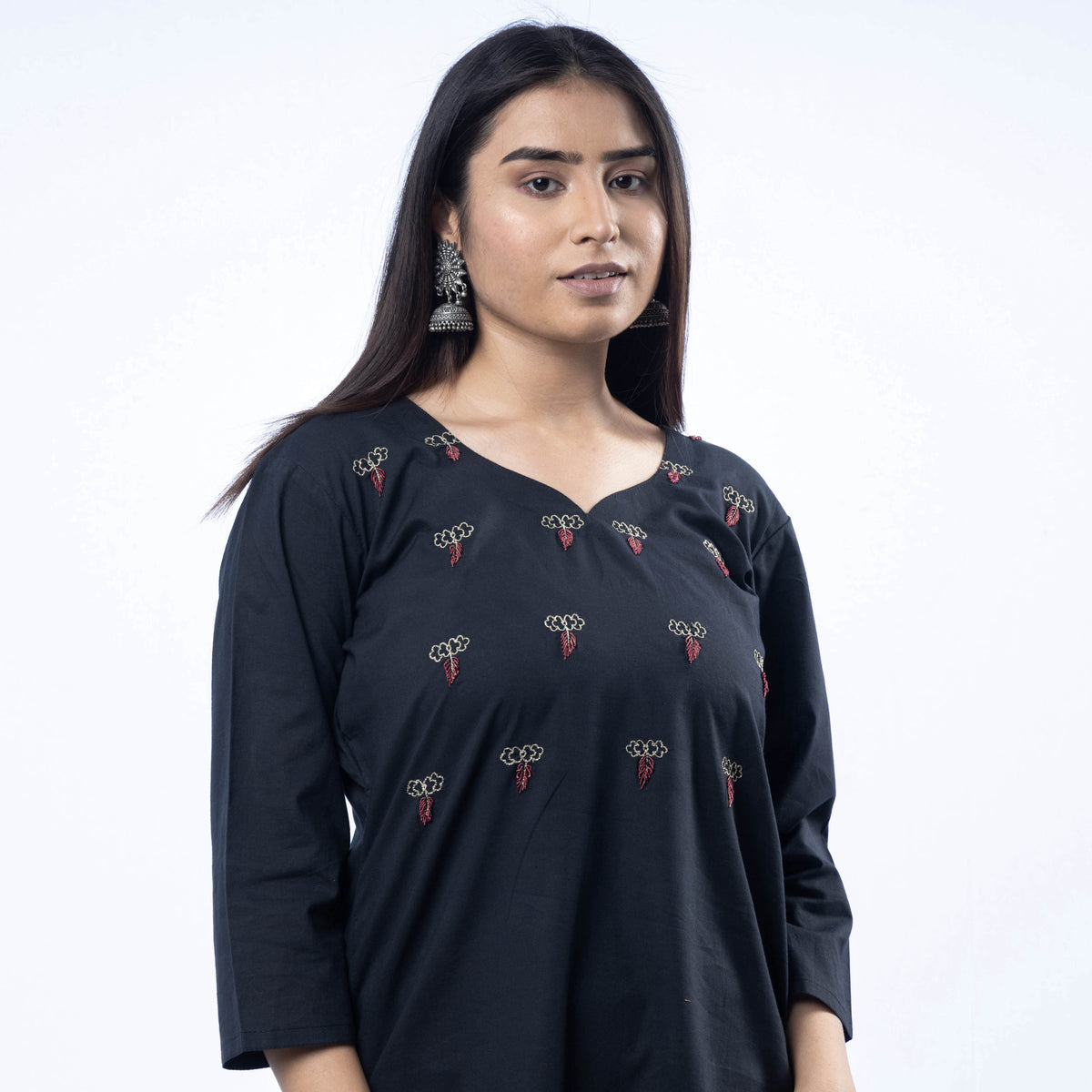 Hand Embroidered Black Cotton Long Kurti