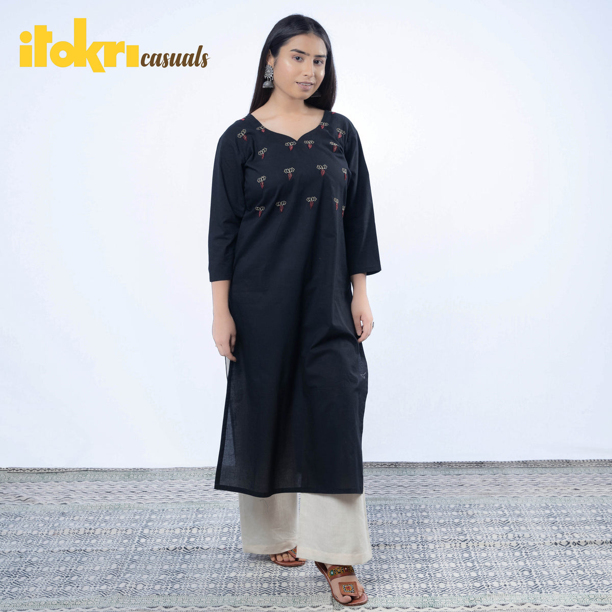 Hand Embroidered Black Cotton Long Kurti