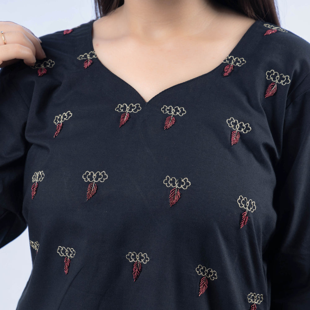 Hand Embroidered Black Cotton Long Kurti