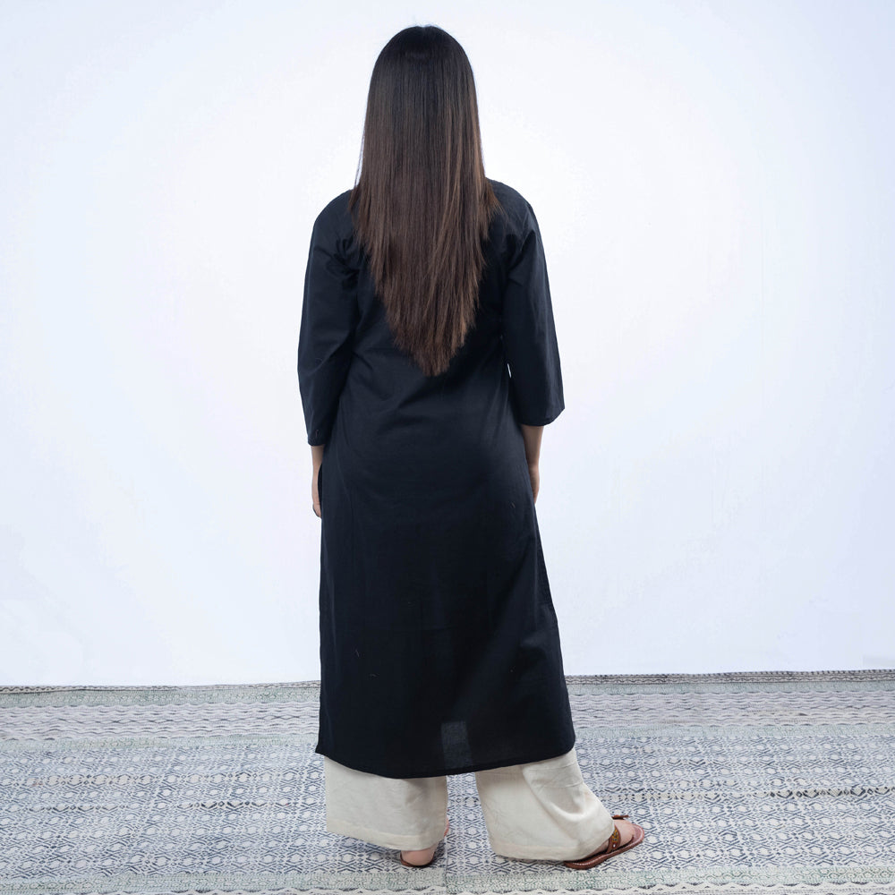 Hand Embroidered Black Cotton Long Kurti