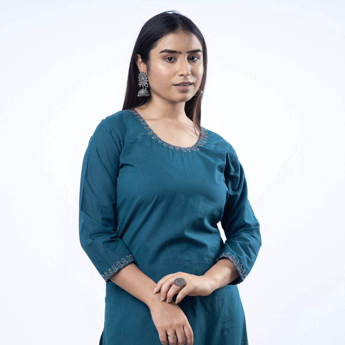 iTokri Casuals - Hand Embroidered Turkish Blue Cotton Long Kurti