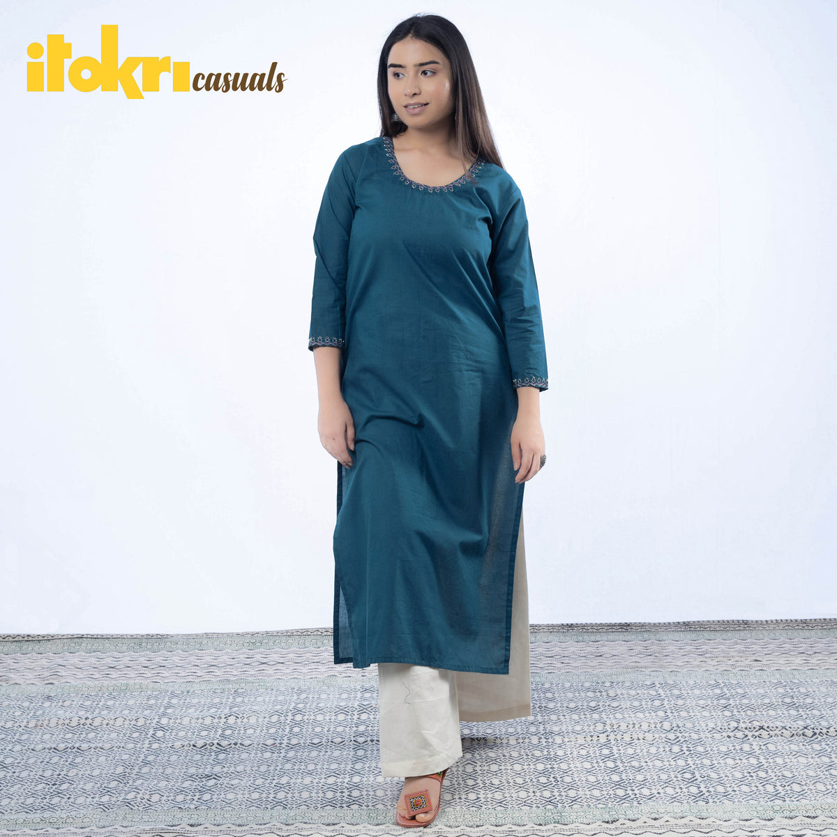 iTokri Casuals - Hand Embroidered Turkish Blue Cotton Long Kurti