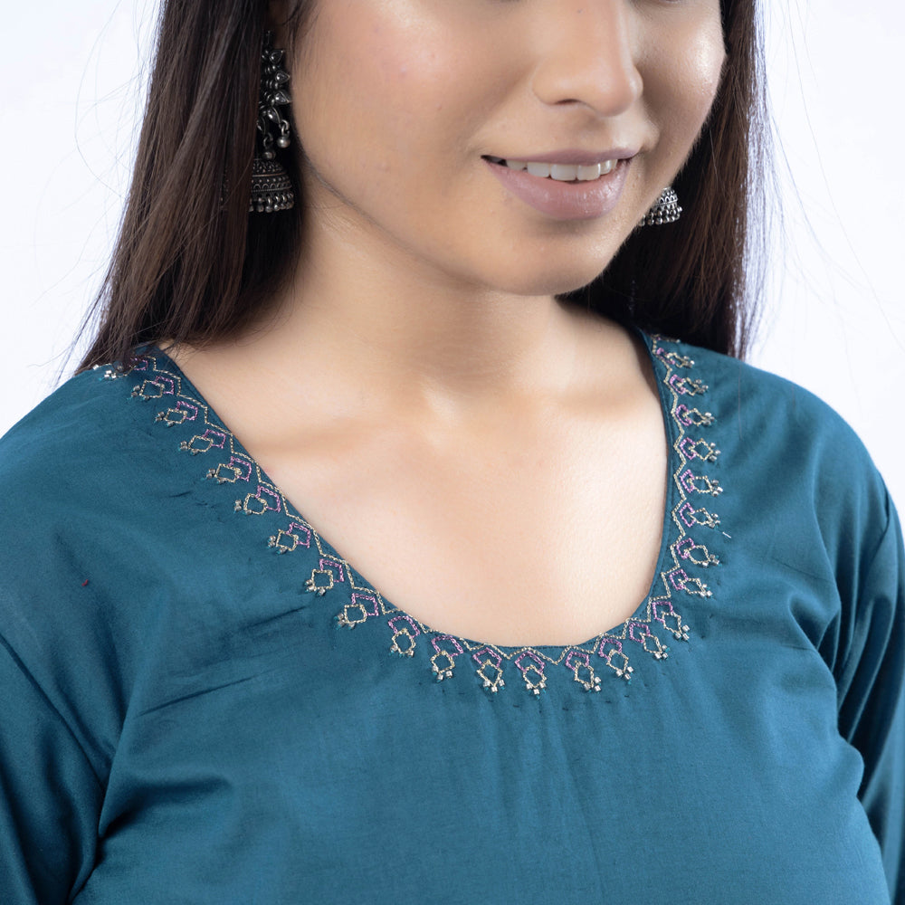 iTokri Casuals - Hand Embroidered Turkish Blue Cotton Long Kurti
