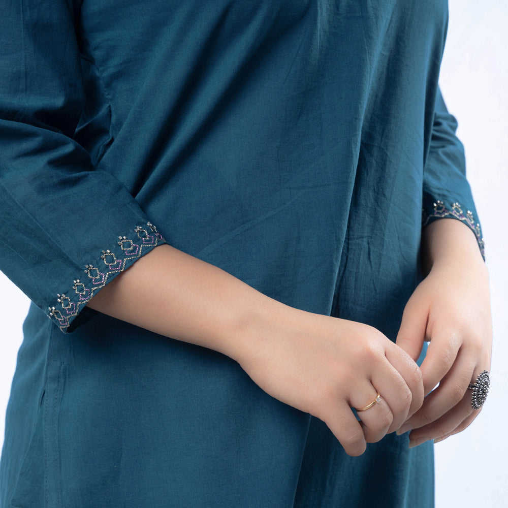 iTokri Casuals - Hand Embroidered Turkish Blue Cotton Long Kurti