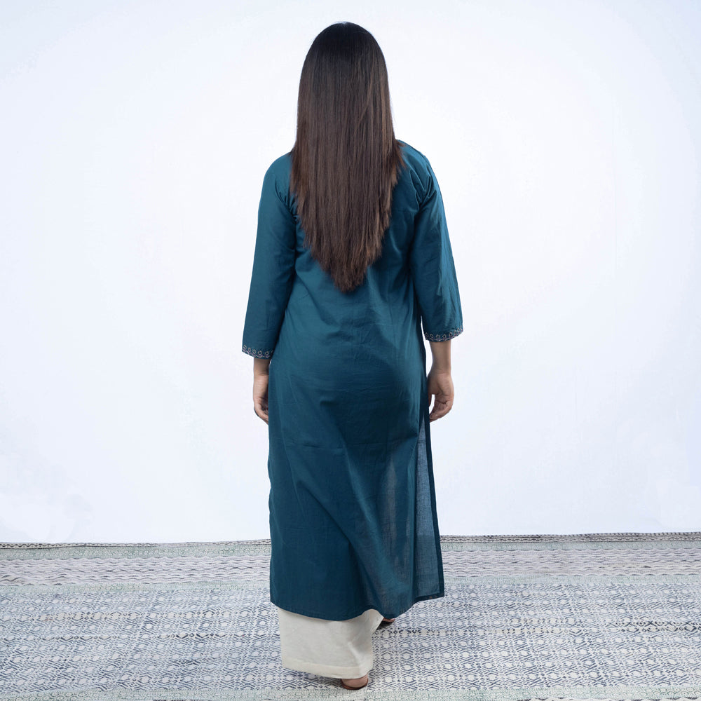 iTokri Casuals - Hand Embroidered Turkish Blue Cotton Long Kurti