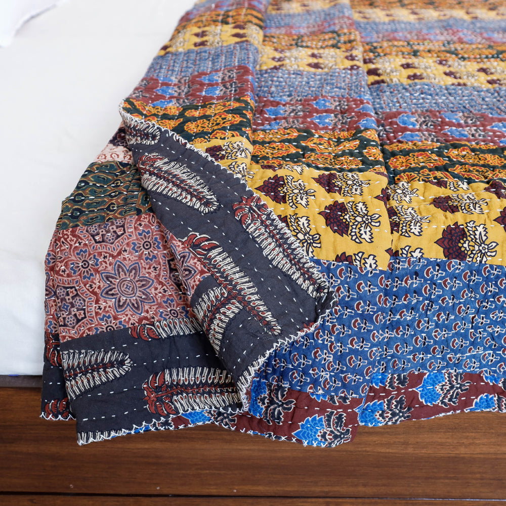 Reversible Ajrakh Print Patch & Tagai Work Cotton Quilt / Gudri / Blanket (104 x 87 in)