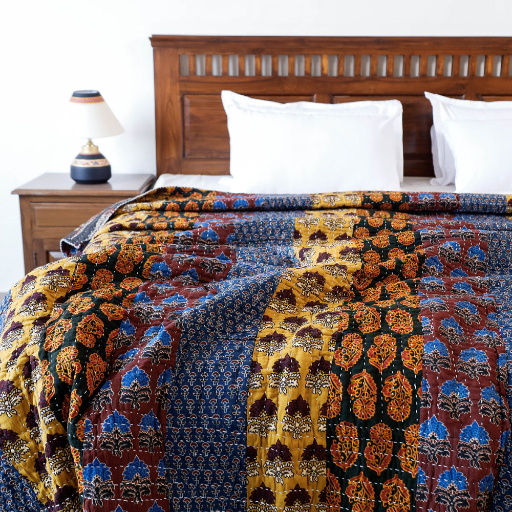 Reversible Ajrakh Print Patch &amp; Tagai Work Cotton Quilt / Gudri / Blanket (104 x 87 in)
