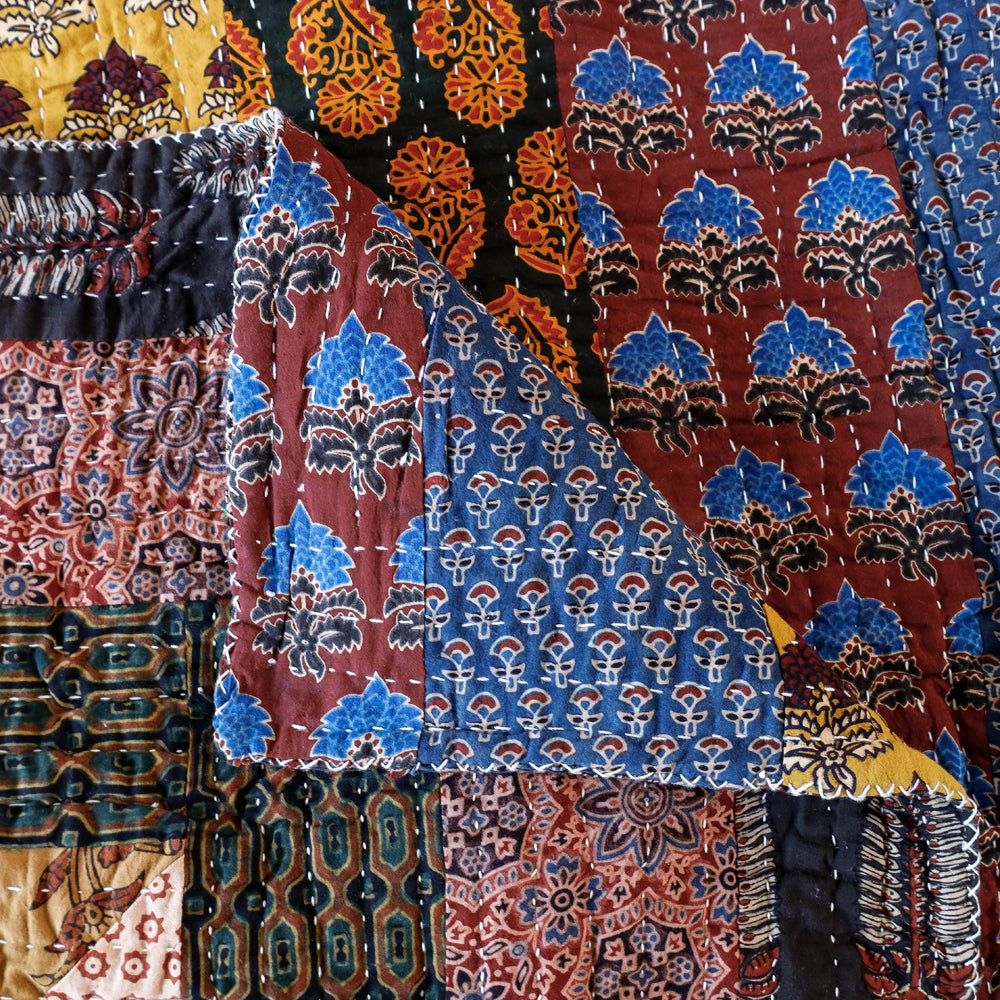 Reversible Ajrakh Print Patch &amp; Tagai Work Cotton Quilt / Gudri / Blanket (104 x 87 in)