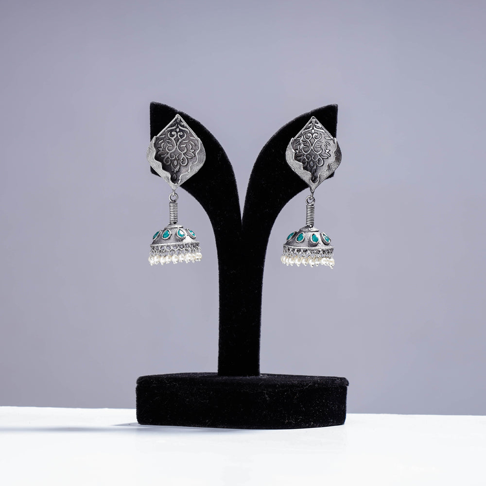 Antique Silver Finish Oxidised Brass Base Jhumki Earrings